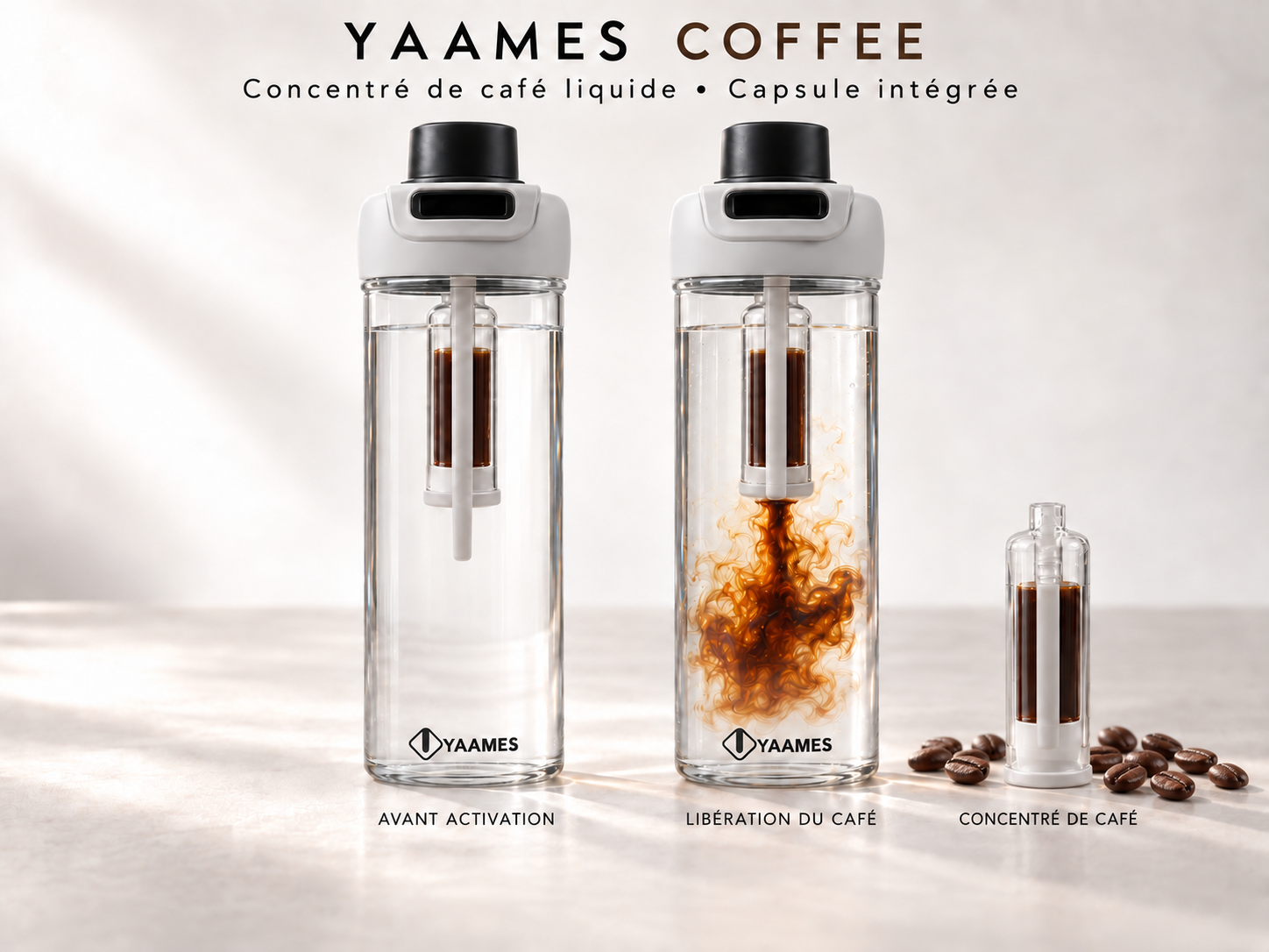 Coffee concentrate released from the YAAMES capsule, with roasted coffee beans in the foreground