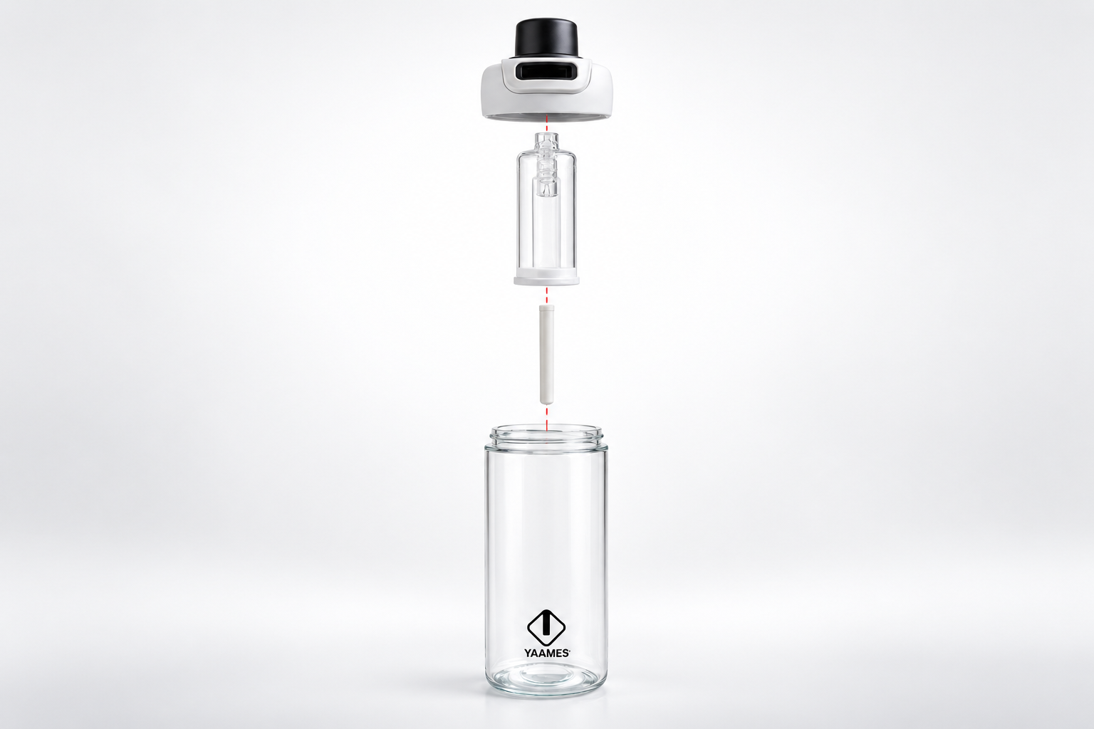 Conceptual exploded view of the YAAMES bottle showing the cap, capsule, tube and main container