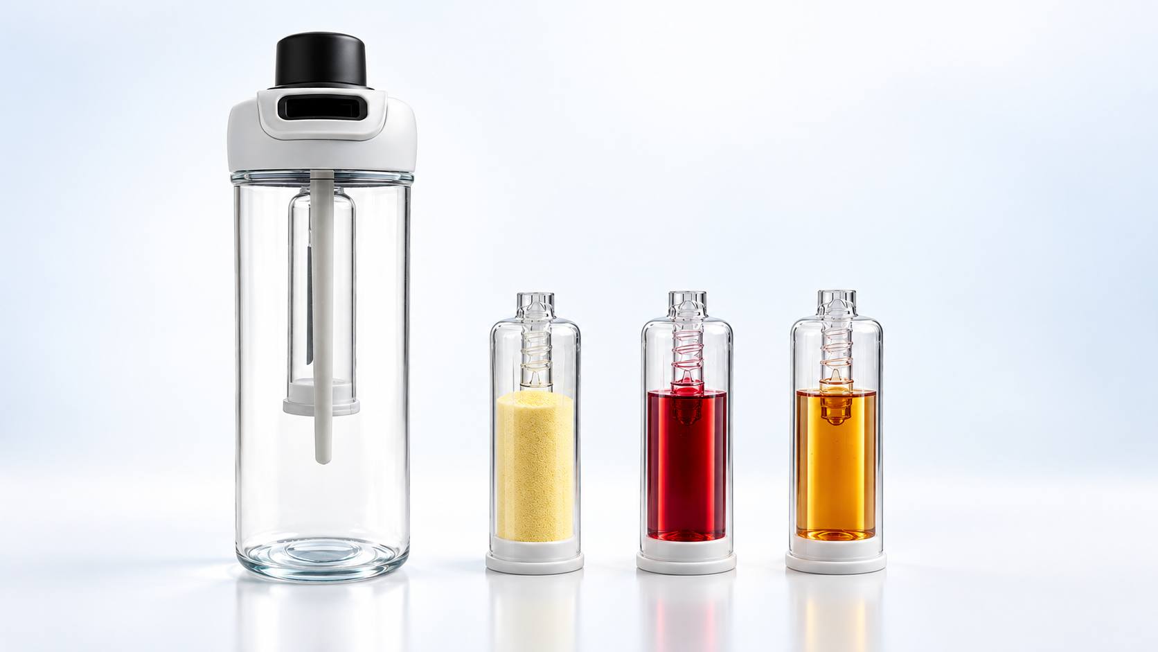 Gourde transparente avec trois capsules séparées contenant une poudre jaune et des concentrés rouge et ambré